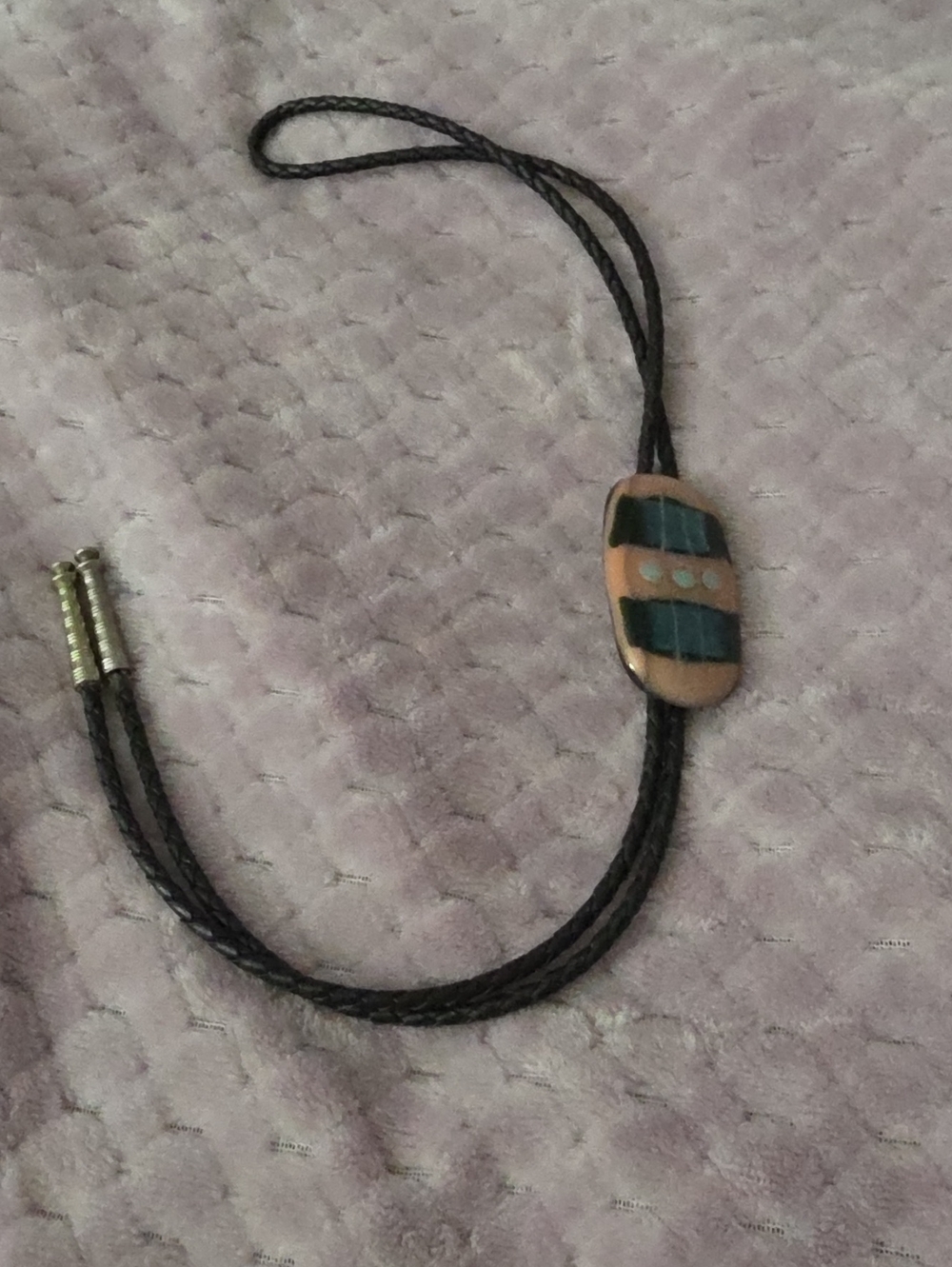 Source Unknown Black Braided Leather Bolo Tie with Brown and Teal Accents